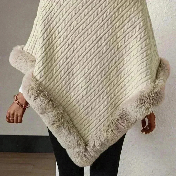 Apricot Casual Women's Turtleneck Fuzzy Trim Batwing Sleeve Poncho Sweater - Picture 2 of 7